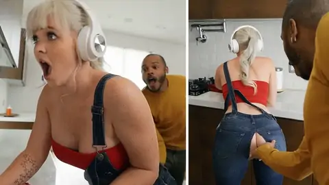 Большой черный член долбит пышногрудую супер-сучку с платиновой кожей на кухне